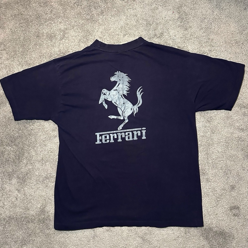 Vintage Ferrari T-shirt Mens Size XL Navy Blue Big Silver Logo - Picture 1 of 8